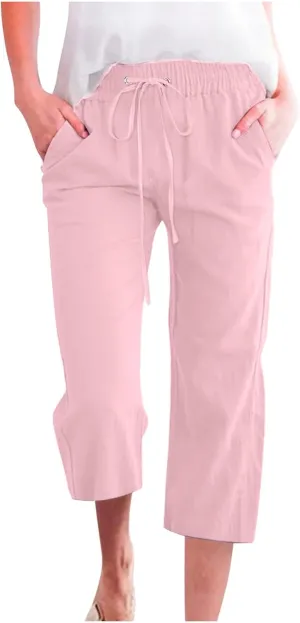 FZYLQY Capri Pants for Women Casual 2025 Summer Drawstring Elastic High Waist Linen Pants Straight Wide Leg Cropped Trousers