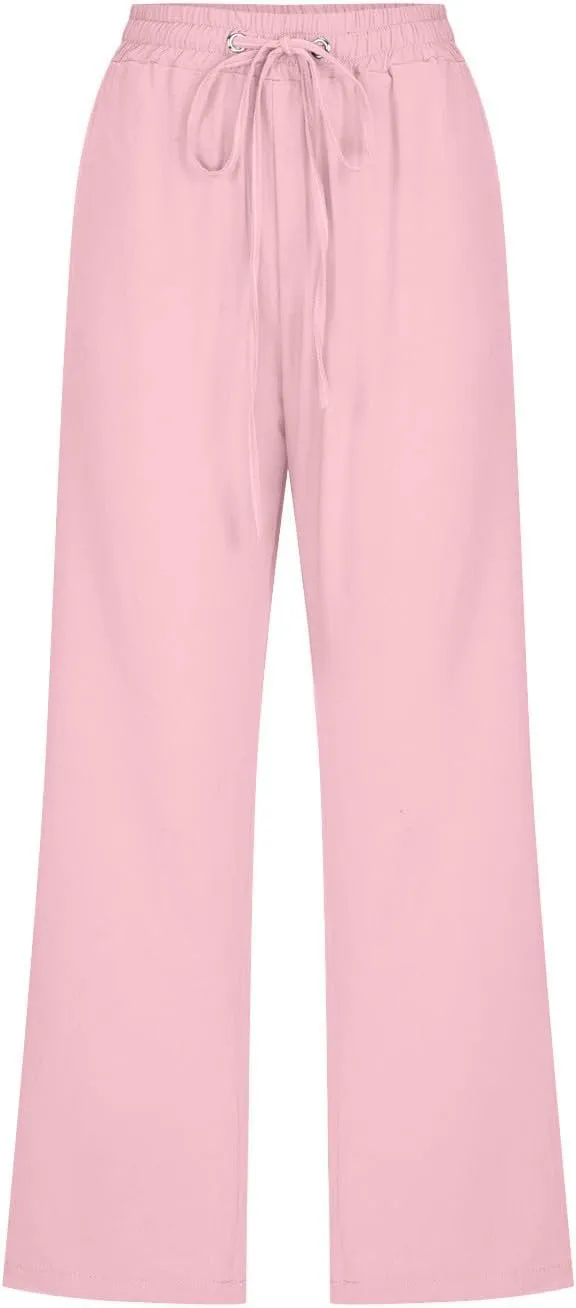 FZYLQY Capri Pants for Women Casual 2025 Summer Drawstring Elastic High Waist Linen Pants Straight Wide Leg Cropped Trousers