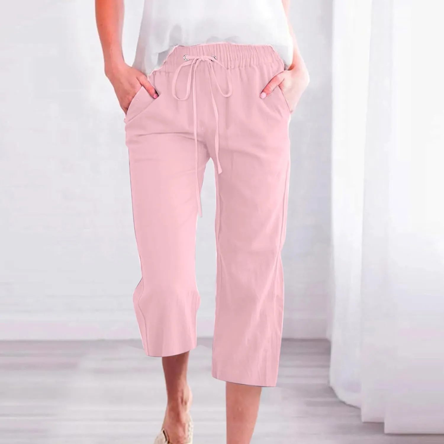 FZYLQY Capri Pants for Women Casual 2025 Summer Drawstring Elastic High Waist Linen Pants Straight Wide Leg Cropped Trousers