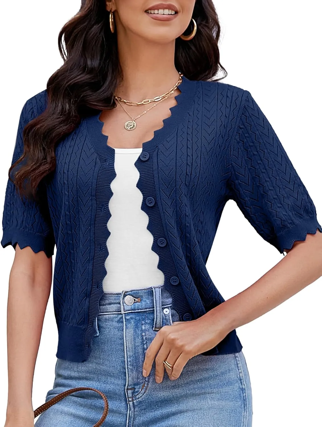 Genhoo Short Sleeve Cardigans for Women Hollow Out Knit Cropped Cardigan Sweater Button Down Lightweight Bolero Shrugs