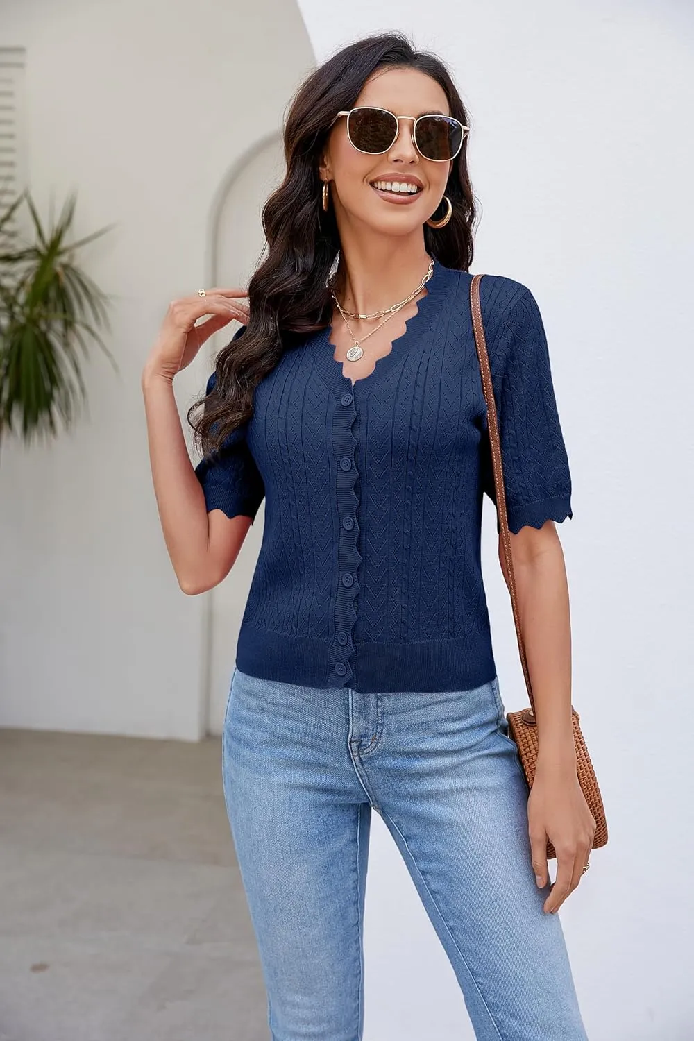 Genhoo Short Sleeve Cardigans for Women Hollow Out Knit Cropped Cardigan Sweater Button Down Lightweight Bolero Shrugs