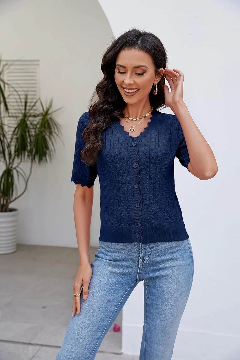 Genhoo Short Sleeve Cardigans for Women Hollow Out Knit Cropped Cardigan Sweater Button Down Lightweight Bolero Shrugs