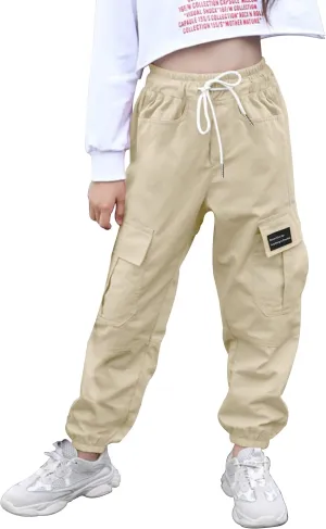Girls Cargo Pants Elastic Waist Cotton Kids Jogger Pants with Multi Pockets