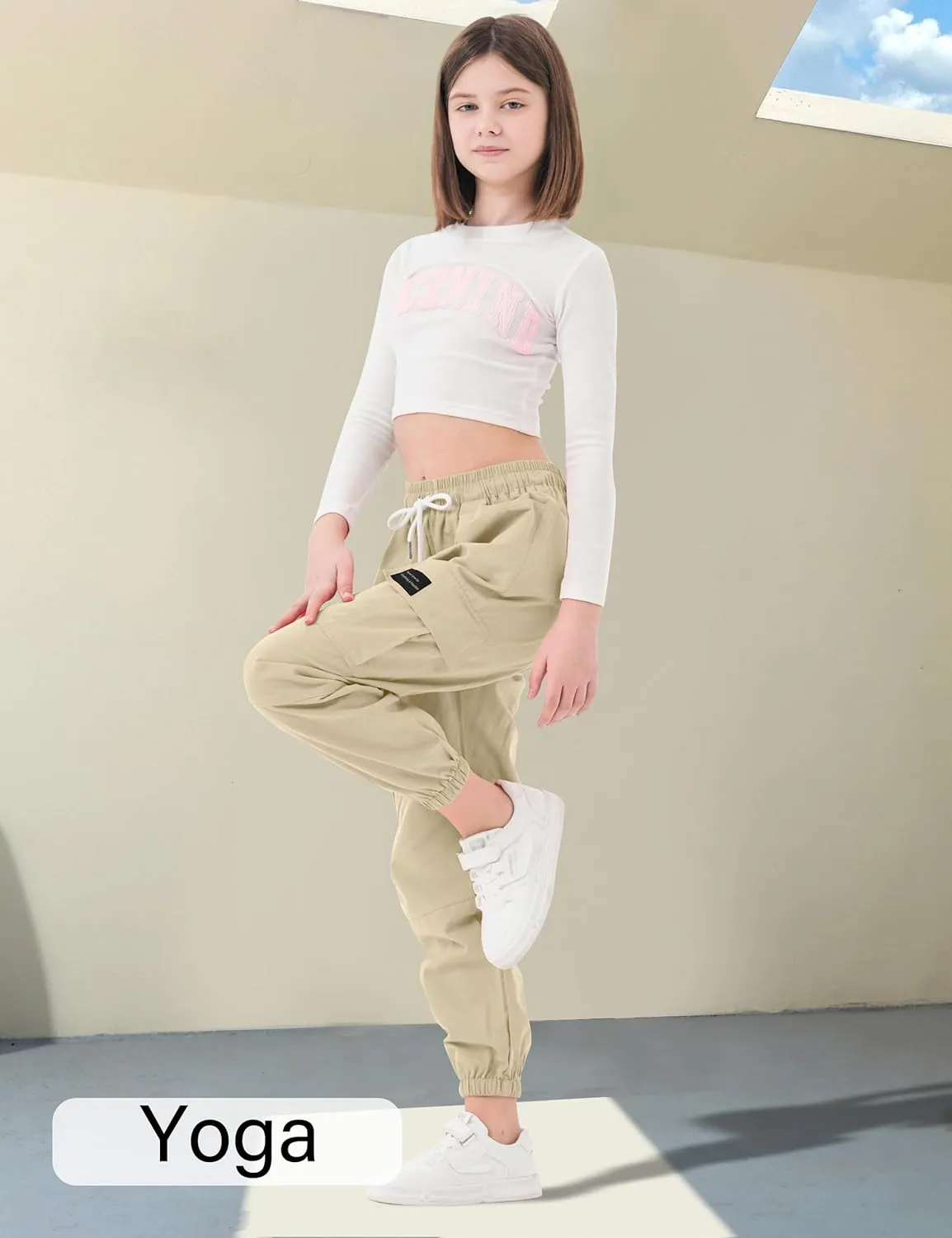 Girls Cargo Pants Elastic Waist Cotton Kids Jogger Pants with Multi Pockets
