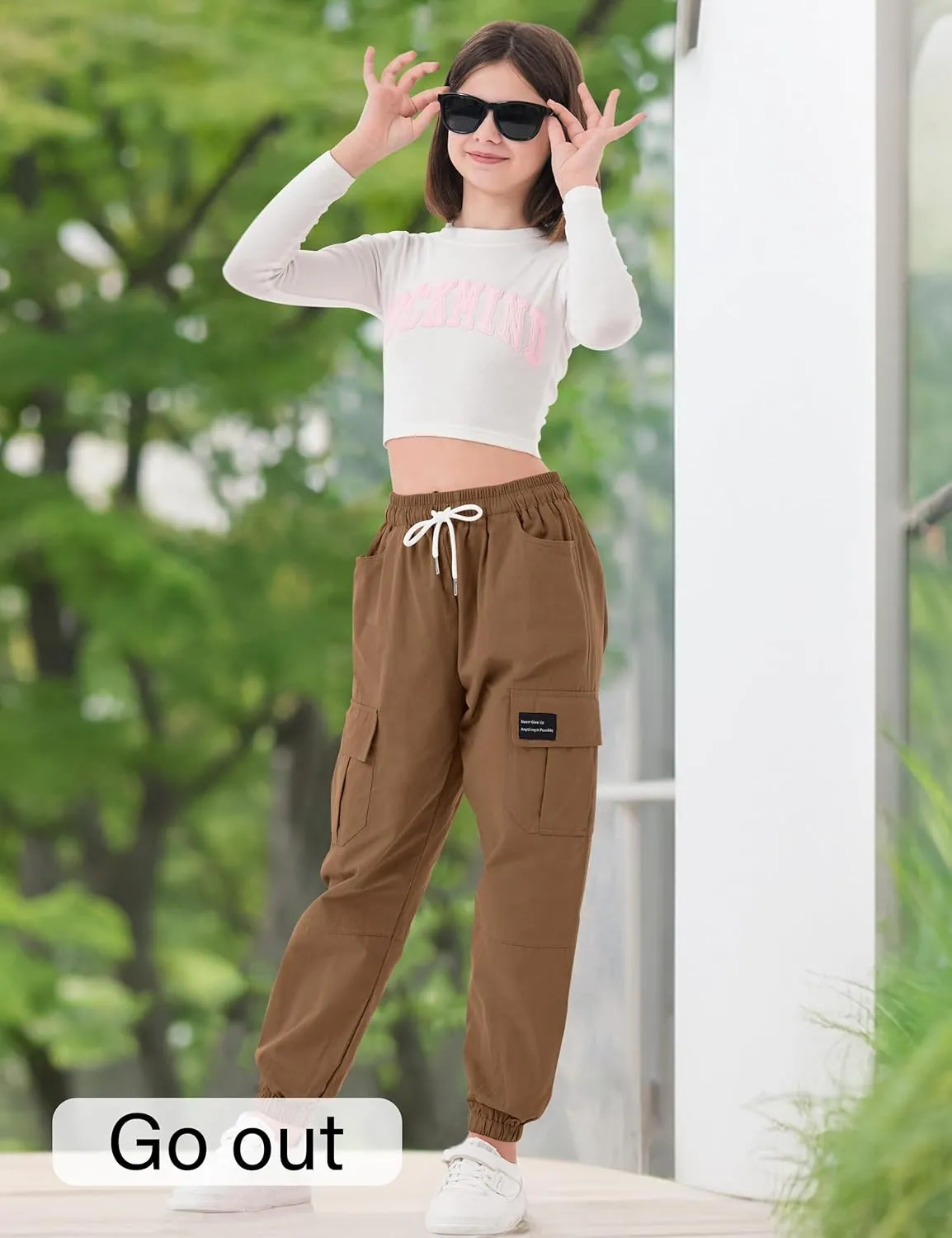 Girls Cargo Pants Elastic Waist Cotton Kids Jogger Pants with Multi Pockets