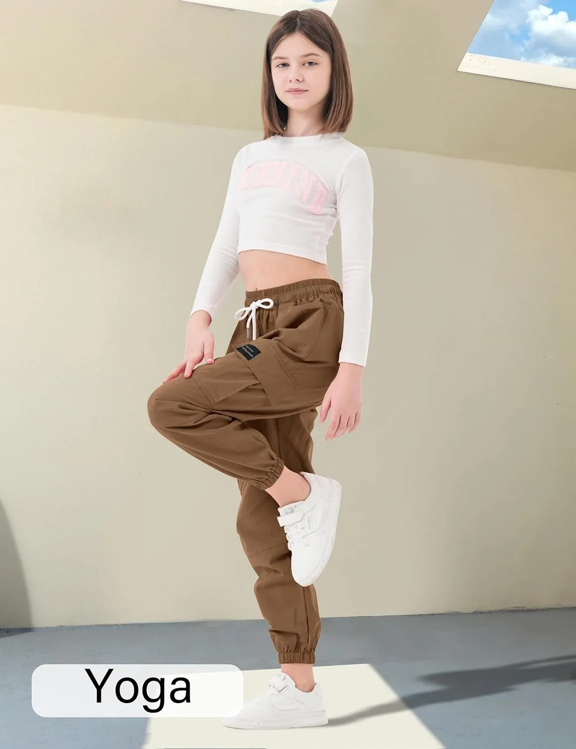 Girls Cargo Pants Elastic Waist Cotton Kids Jogger Pants with Multi Pockets