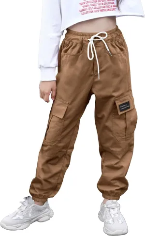Girls Cargo Pants Elastic Waist Cotton Kids Jogger Pants with Multi Pockets