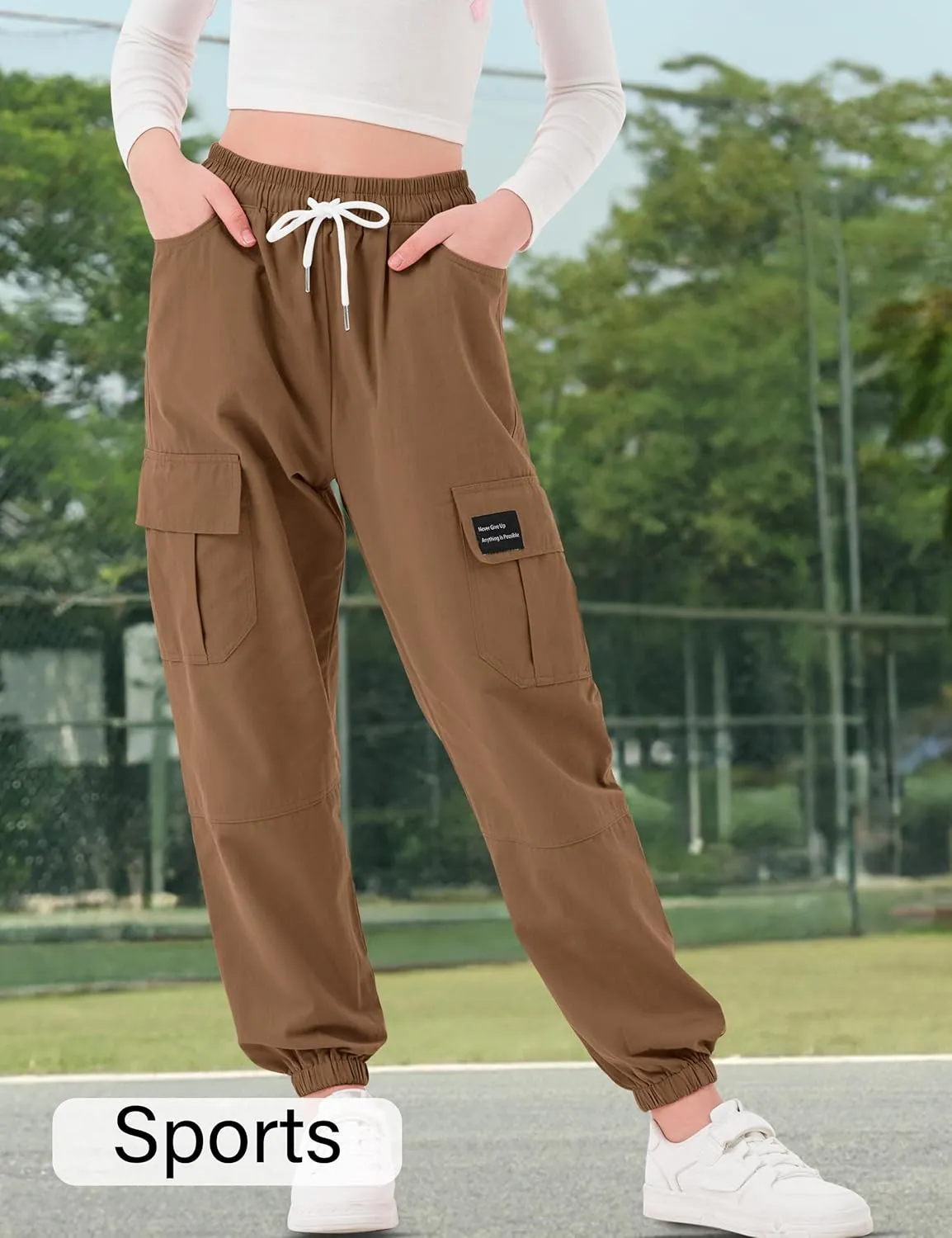 Girls Cargo Pants Elastic Waist Cotton Kids Jogger Pants with Multi Pockets
