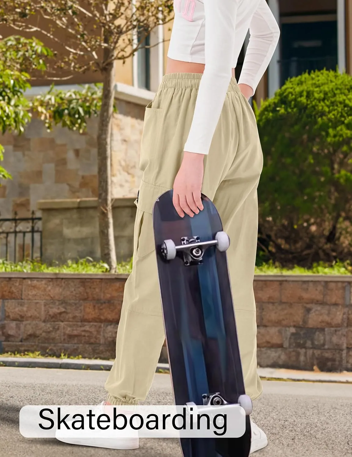 Girls Cargo Pants Elastic Waist Cotton Kids Jogger Pants with Multi Pockets
