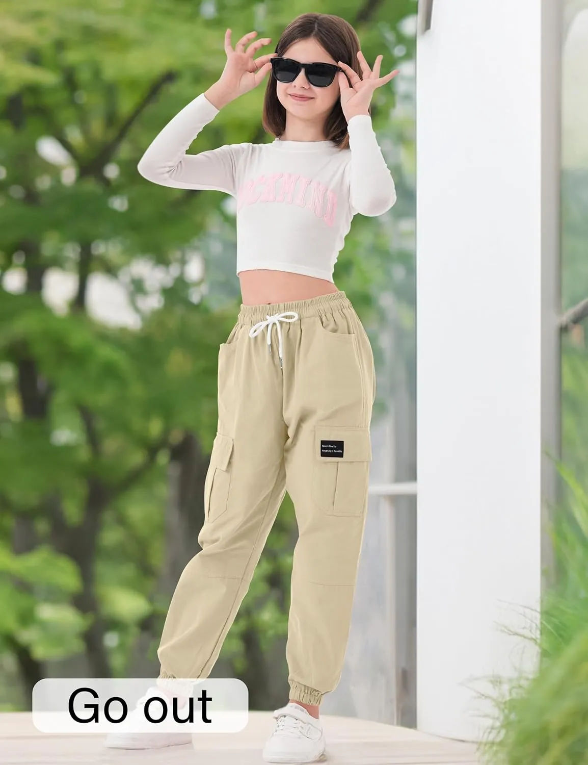 Girls Cargo Pants Elastic Waist Cotton Kids Jogger Pants with Multi Pockets