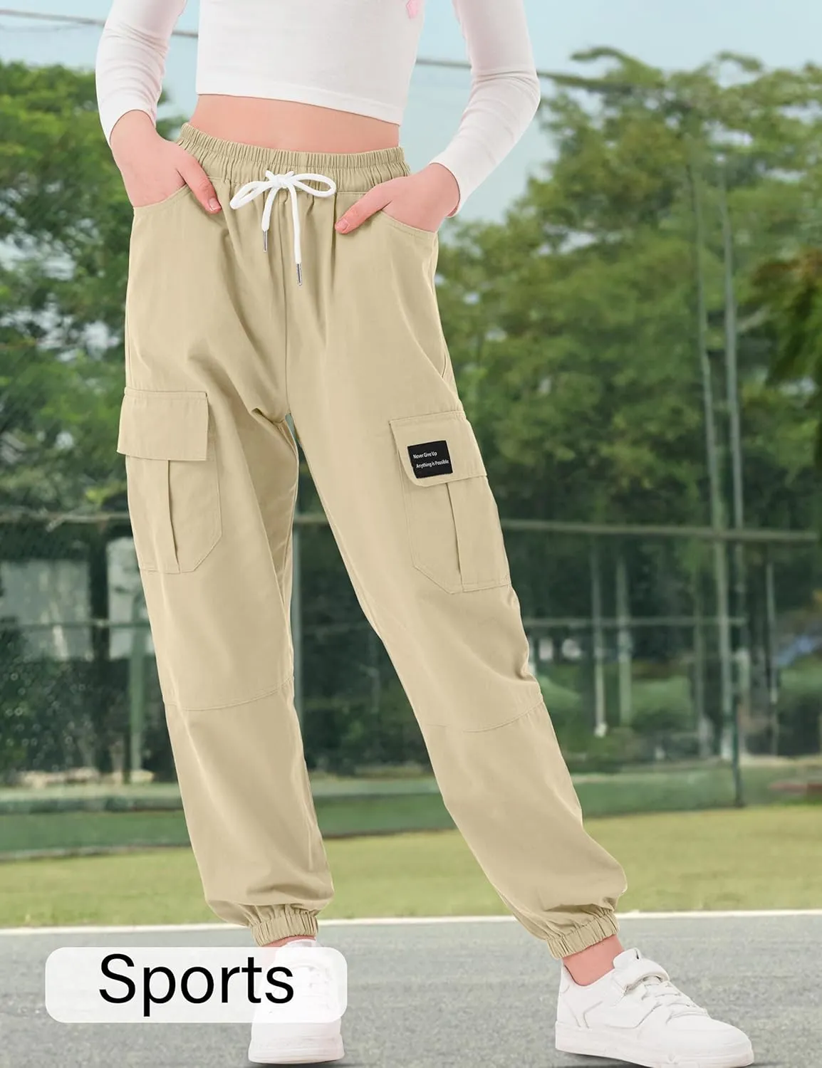 Girls Cargo Pants Elastic Waist Cotton Kids Jogger Pants with Multi Pockets
