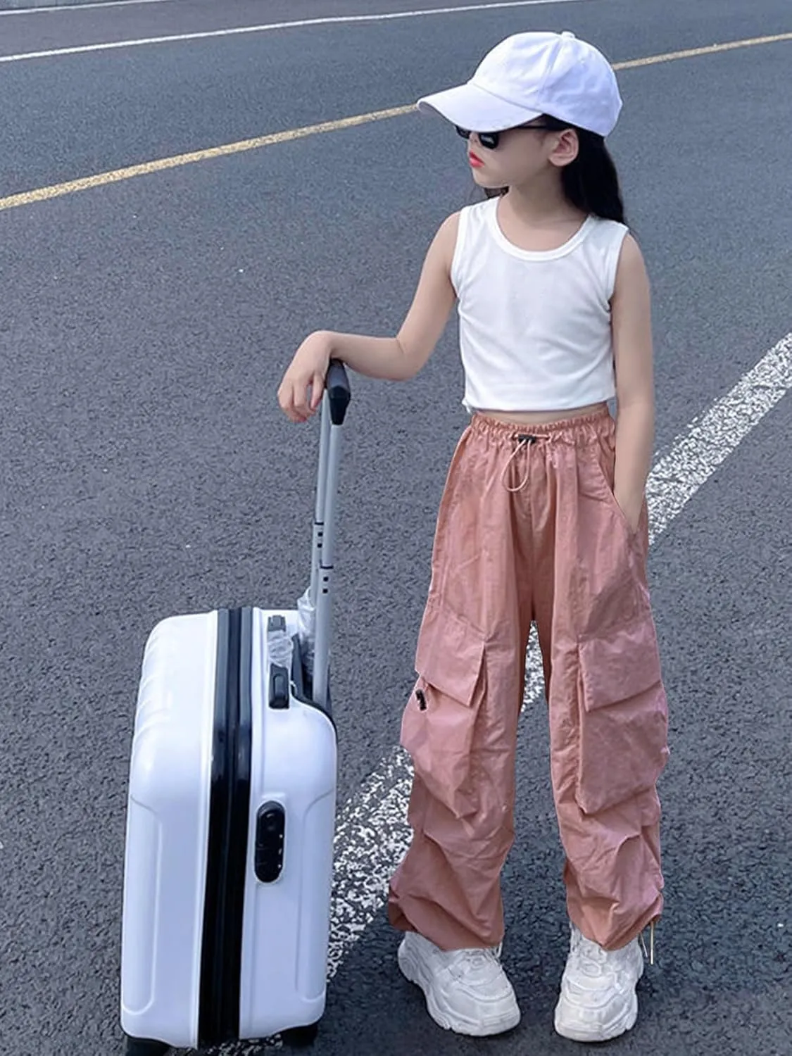 Girls Cargo Pants Elastic Waist Drawstring with Pockets Pants, 6-14 Years