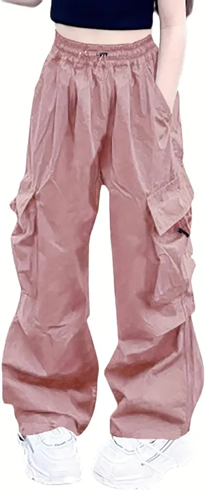 Girls Cargo Pants Elastic Waist Drawstring with Pockets Pants, 6-14 Years