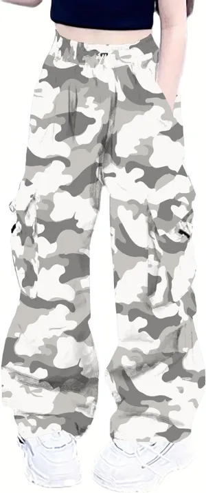 Girls Cargo Pants Elastic Waist Drawstring with Pockets Pants, 6-14 Years