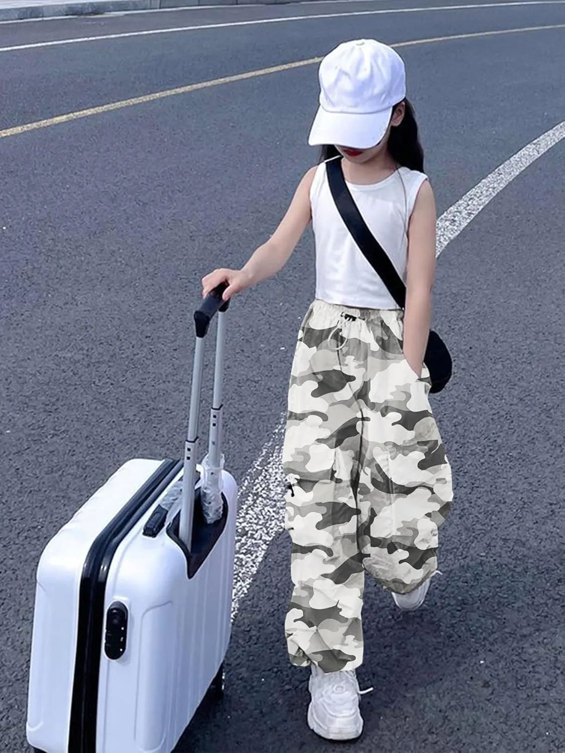 Girls Cargo Pants Elastic Waist Drawstring with Pockets Pants, 6-14 Years