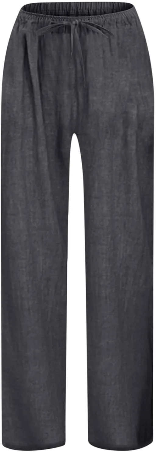 Girls Straight Leg Linen Pants Teen Loose Fit Elastic Waist Casual Pants Wide Leg Drawstring Sweatpants with Pockets