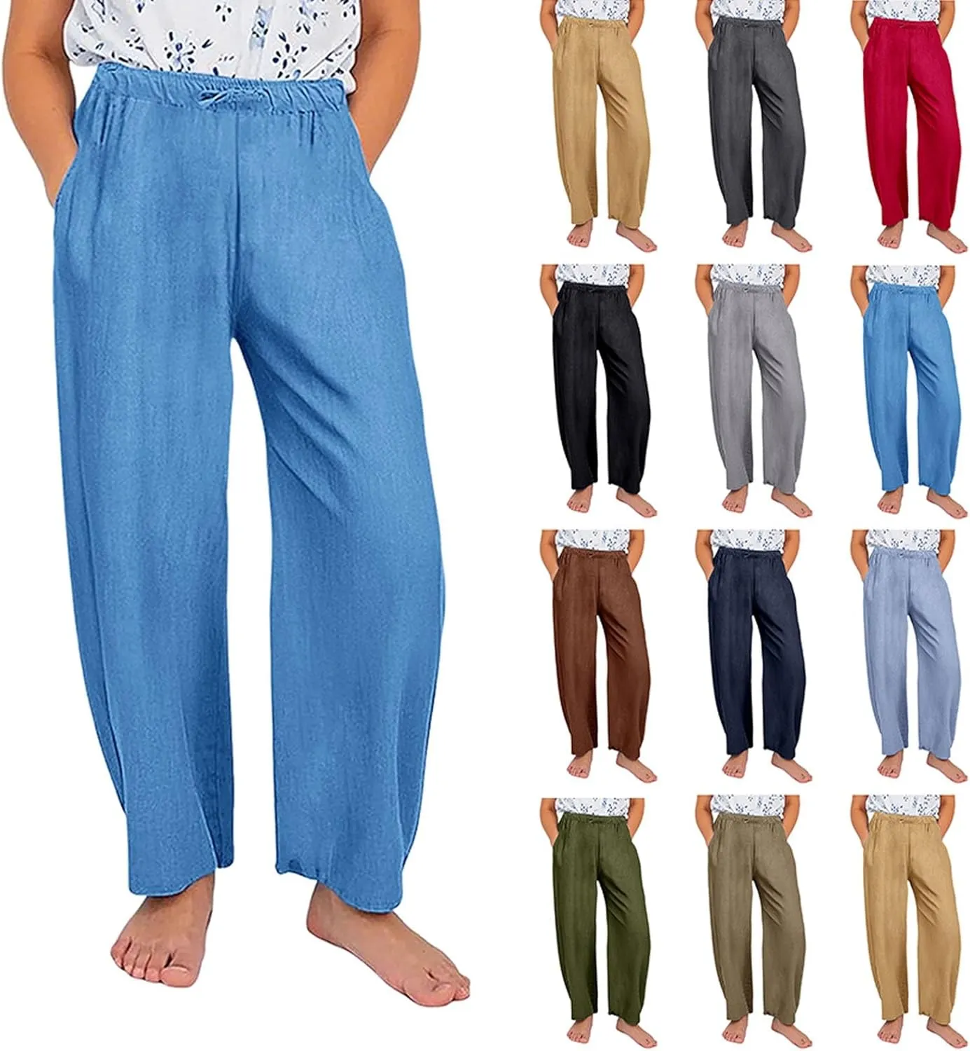 Girls Straight Leg Linen Pants Teen Loose Fit Elastic Waist Casual Pants Wide Leg Drawstring Sweatpants with Pockets