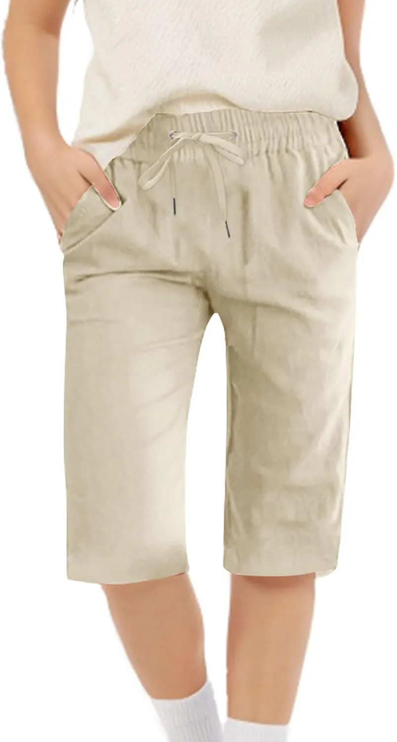 Girl's Summer Capris Casual Cotton Linen Tapered High Waist Drawstring Knee Length Loose Trouser with Pockets
