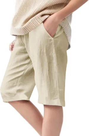 Girl's Summer Capris Casual Cotton Linen Tapered High Waist Drawstring Knee Length Loose Trouser with Pockets