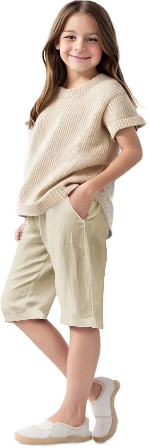 Girl's Summer Capris Casual Cotton Linen Tapered High Waist Drawstring Knee Length Loose Trouser with Pockets