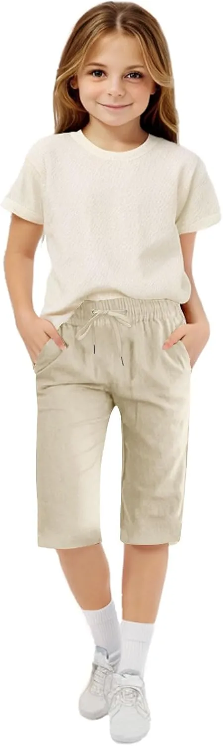 Girl's Summer Capris Casual Cotton Linen Tapered High Waist Drawstring Knee Length Loose Trouser with Pockets