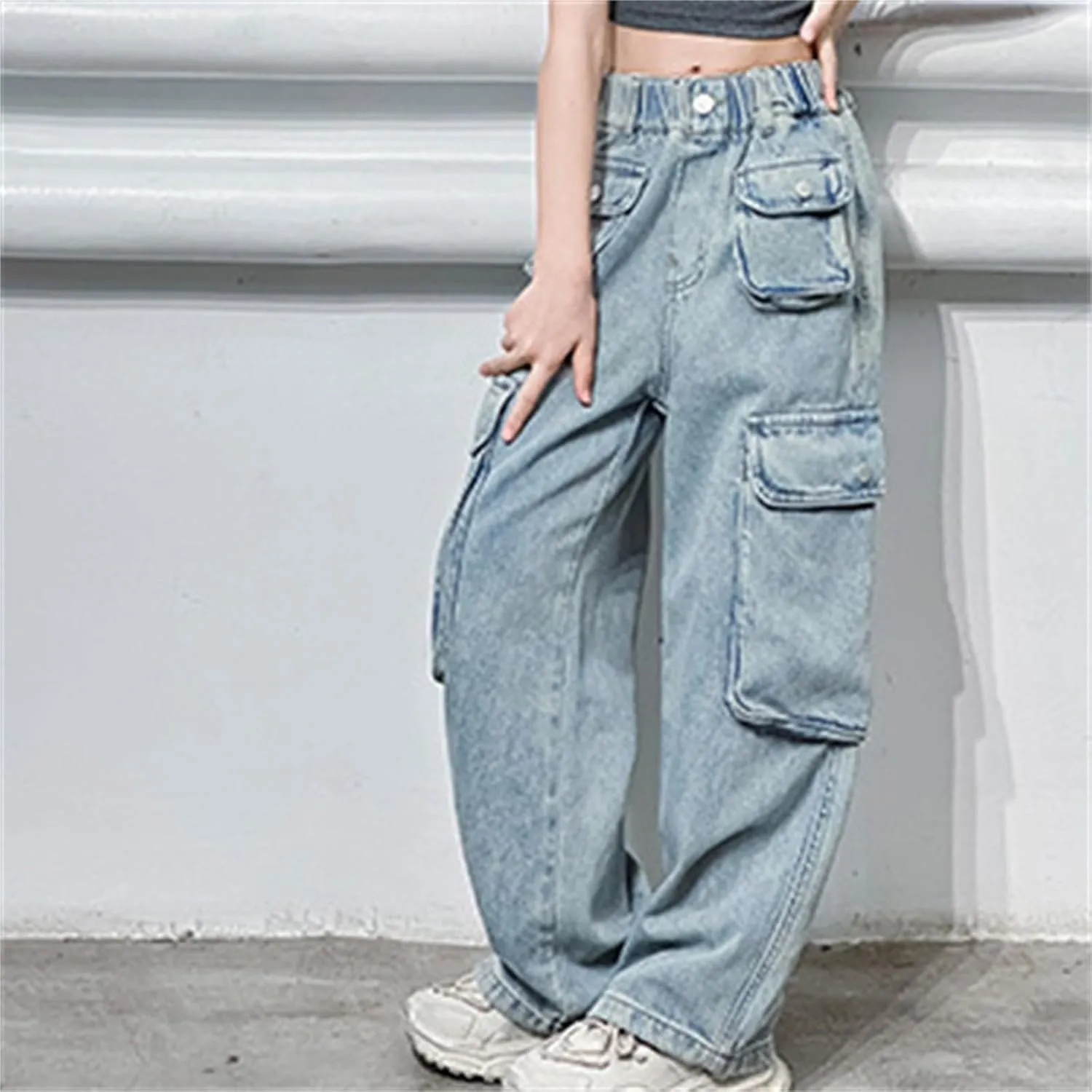 Girls Wide Leg Jeans High Waist Baggy Denim Pants Loose Elastic Waist Cargo Casual Multi Pockets Streetwear Clothes