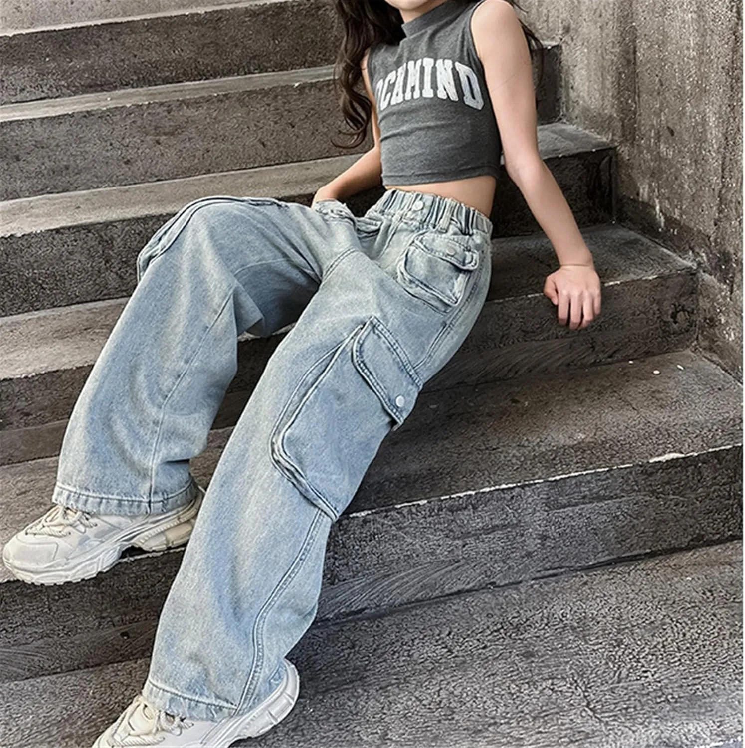 Girls Wide Leg Jeans High Waist Baggy Denim Pants Loose Elastic Waist Cargo Casual Multi Pockets Streetwear Clothes