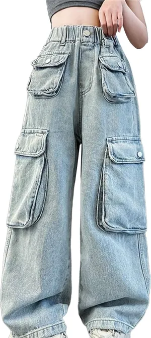 Girls Wide Leg Jeans High Waist Baggy Denim Pants Loose Elastic Waist Cargo Casual Multi Pockets Streetwear Clothes