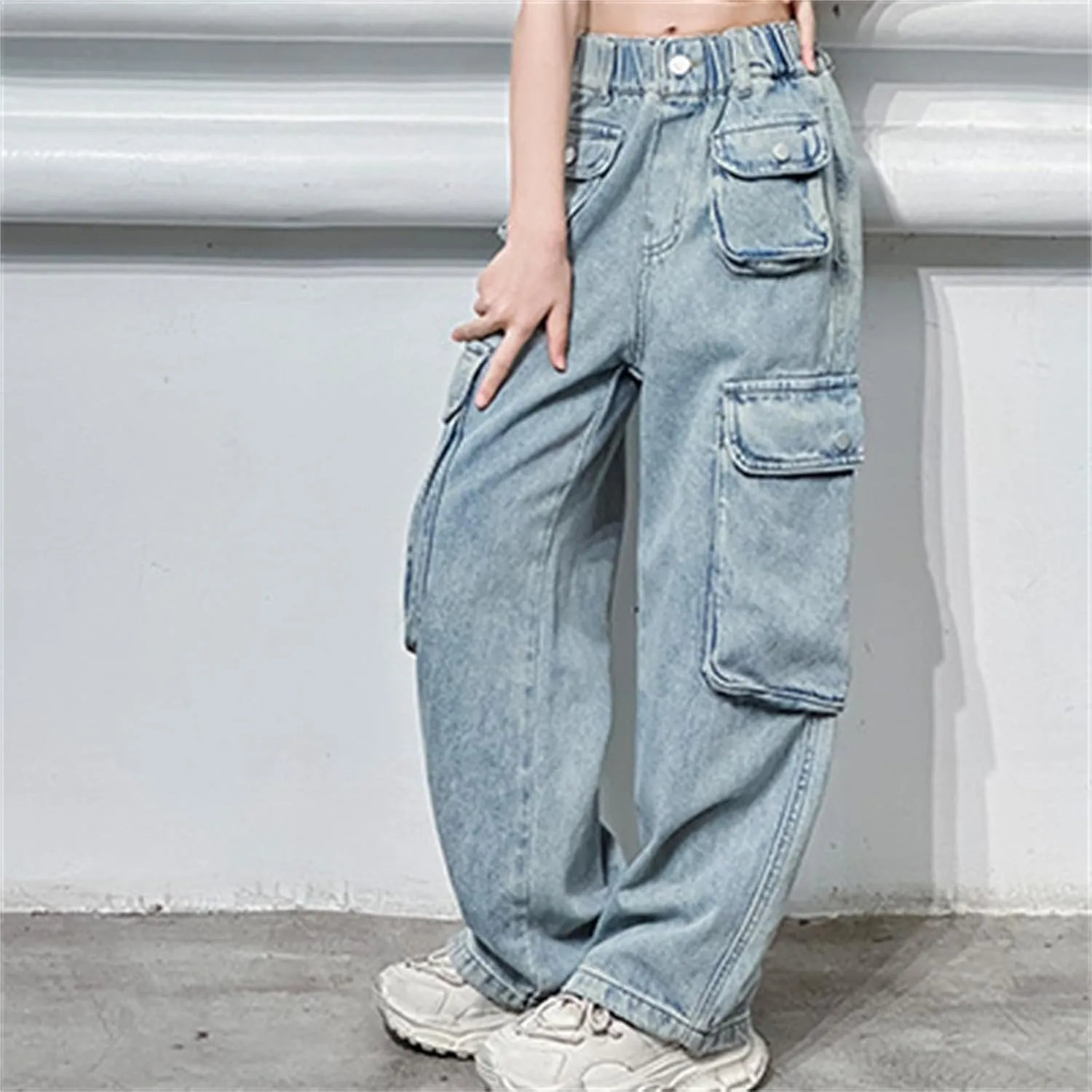 Girls Wide Leg Jeans High Waist Baggy Denim Pants Loose Elastic Waist Cargo Casual Multi Pockets Streetwear Clothes