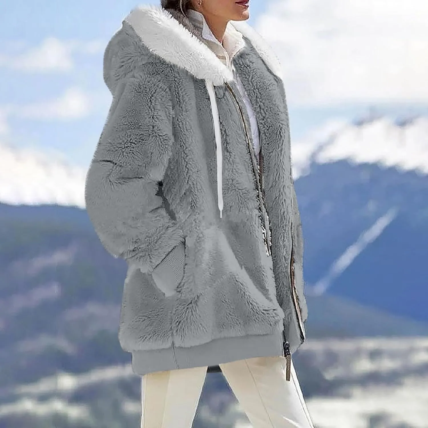 GOFULY Winter Hoodie Women Trendy Oversized Sherpa Coats Trendy Full Zip Plush Jackets Plus Size Patchwork Cardigans Pockets