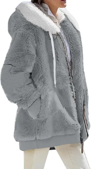 GOFULY Winter Hoodie Women Trendy Oversized Sherpa Coats Trendy Full Zip Plush Jackets Plus Size Patchwork Cardigans Pockets