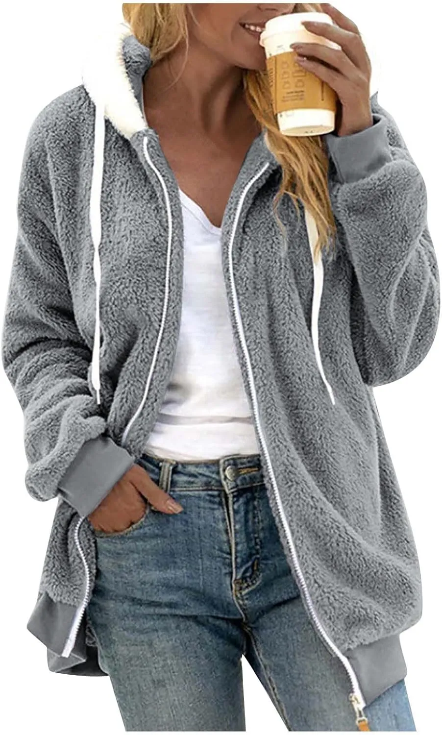 GOFULY Winter Hoodie Women Trendy Oversized Sherpa Coats Trendy Full Zip Plush Jackets Plus Size Patchwork Cardigans Pockets