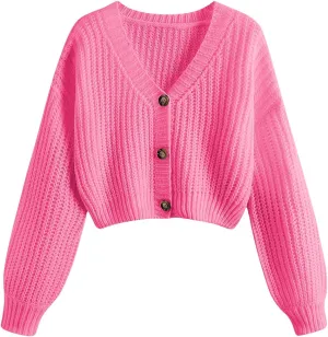 GORGLITTER Women's Button Up Cropped Cardigan Sweaters Chunky Long Sleeve V Neck Fall Coquette Cardigans