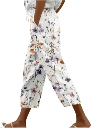 Hawaii Capri Pants for Women Casual Tropical Floral Print Pants Elastic High Waist Drawstring Summer Beach Trousers
