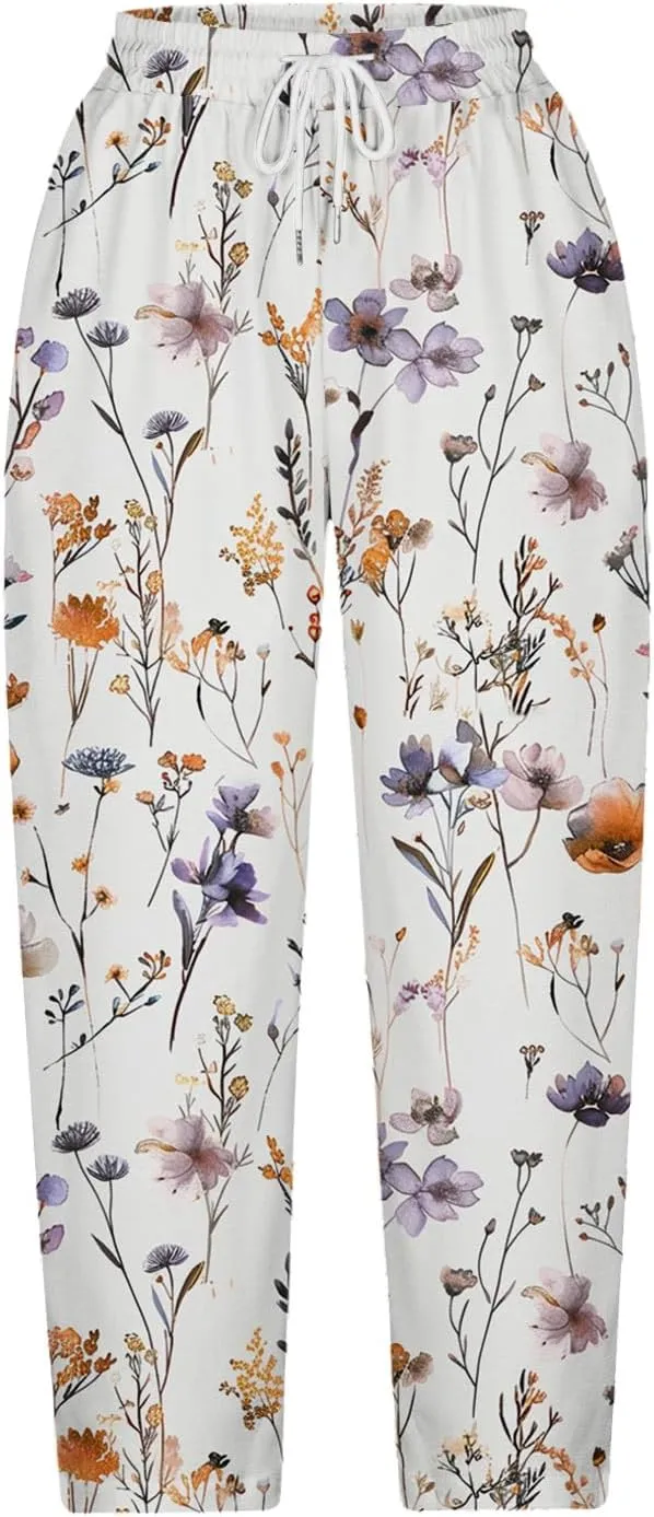 Hawaii Capri Pants for Women Casual Tropical Floral Print Pants Elastic High Waist Drawstring Summer Beach Trousers
