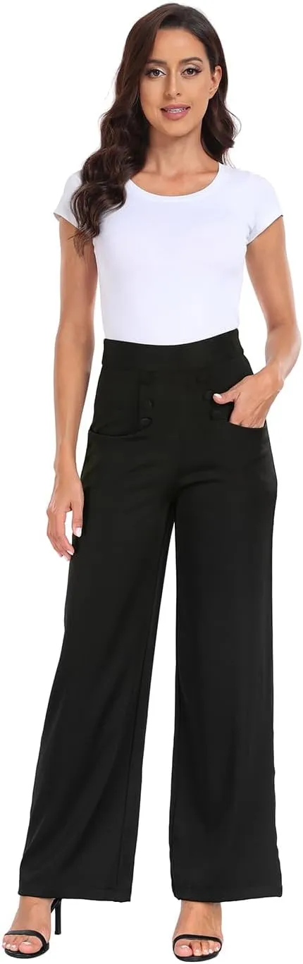 HDE Super High Waisted Wide Leg Pants Tailored Office Work Trousers with Pockets