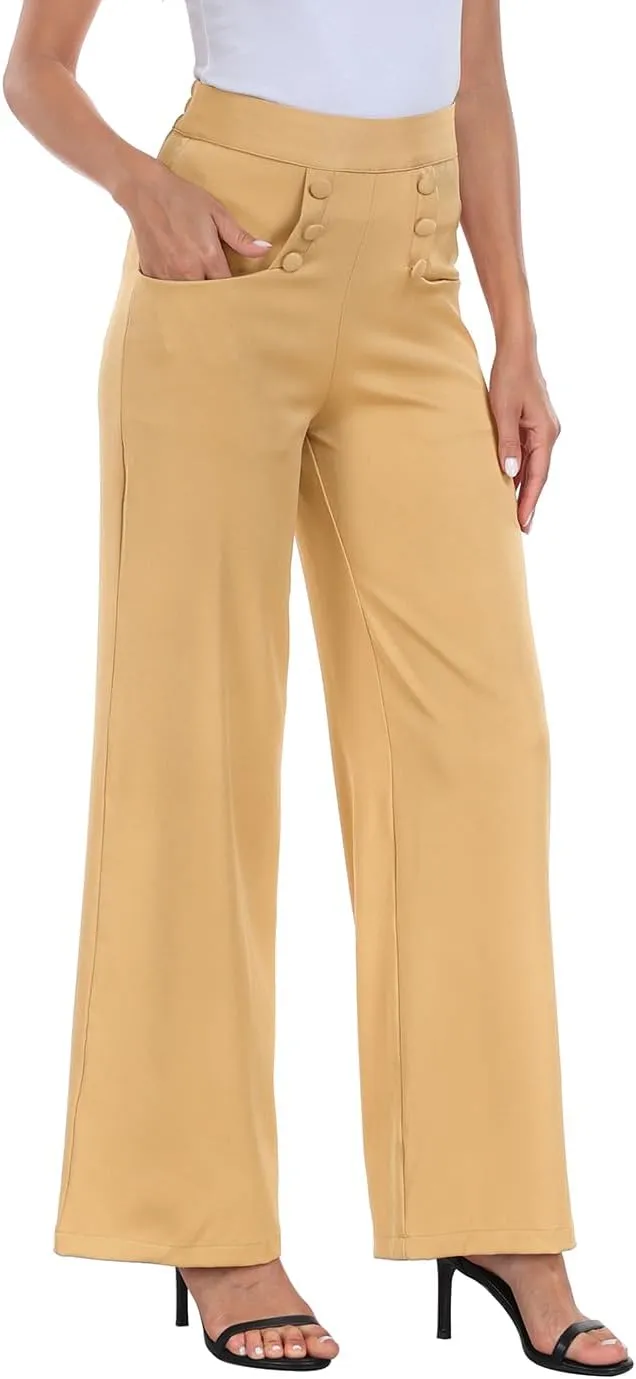 HDE Super High Waisted Wide Leg Pants Tailored Office Work Trousers with Pockets