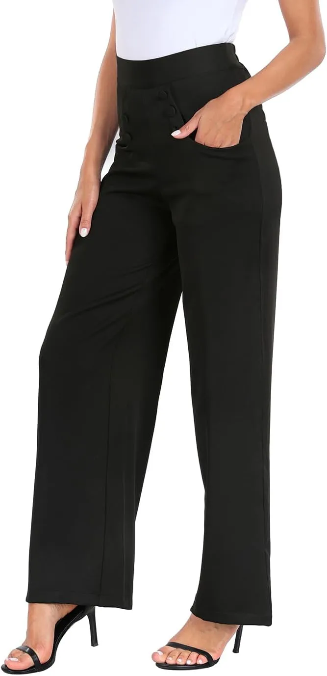 HDE Super High Waisted Wide Leg Pants Tailored Office Work Trousers with Pockets
