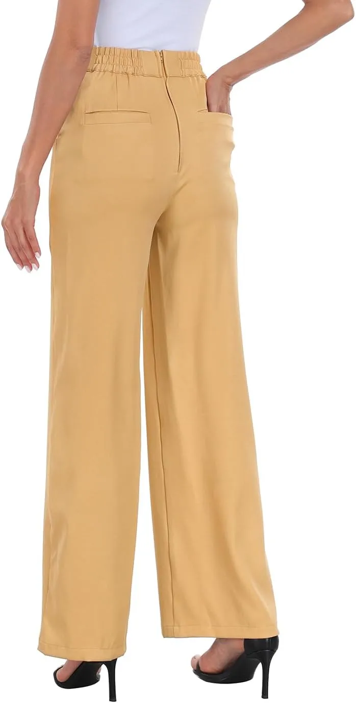 HDE Super High Waisted Wide Leg Pants Tailored Office Work Trousers with Pockets