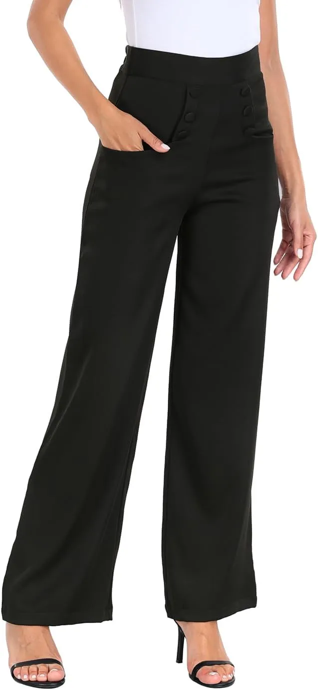 HDE Super High Waisted Wide Leg Pants Tailored Office Work Trousers with Pockets