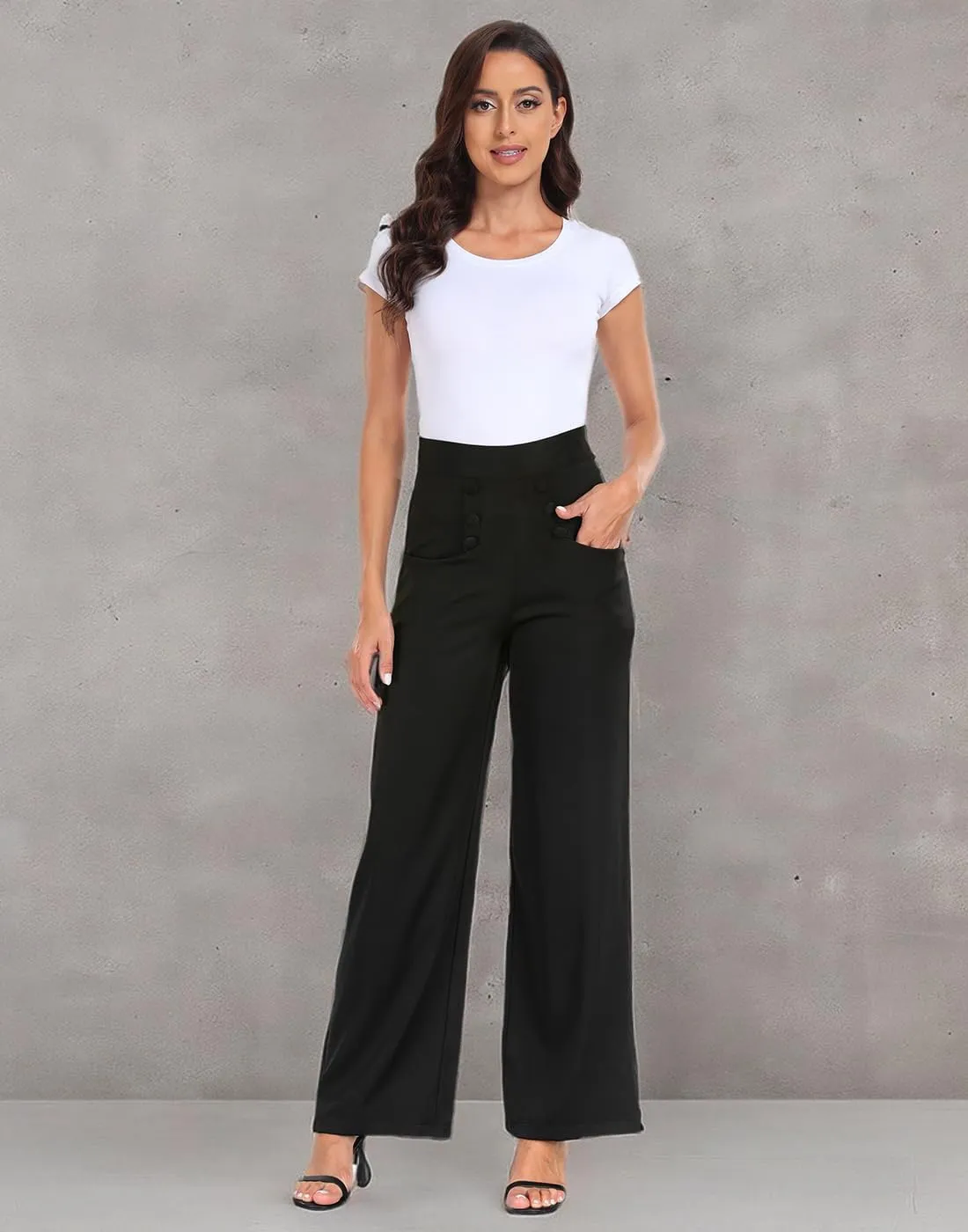 HDE Super High Waisted Wide Leg Pants Tailored Office Work Trousers with Pockets