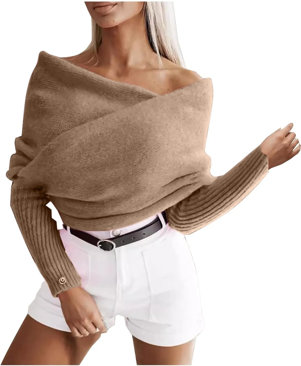 HGps8w Elegant Off The Shoulder Sweaters for Women Wrap V Neck Cropped Shawl Long Sleeve Cross Front Knitted Pullover Tops