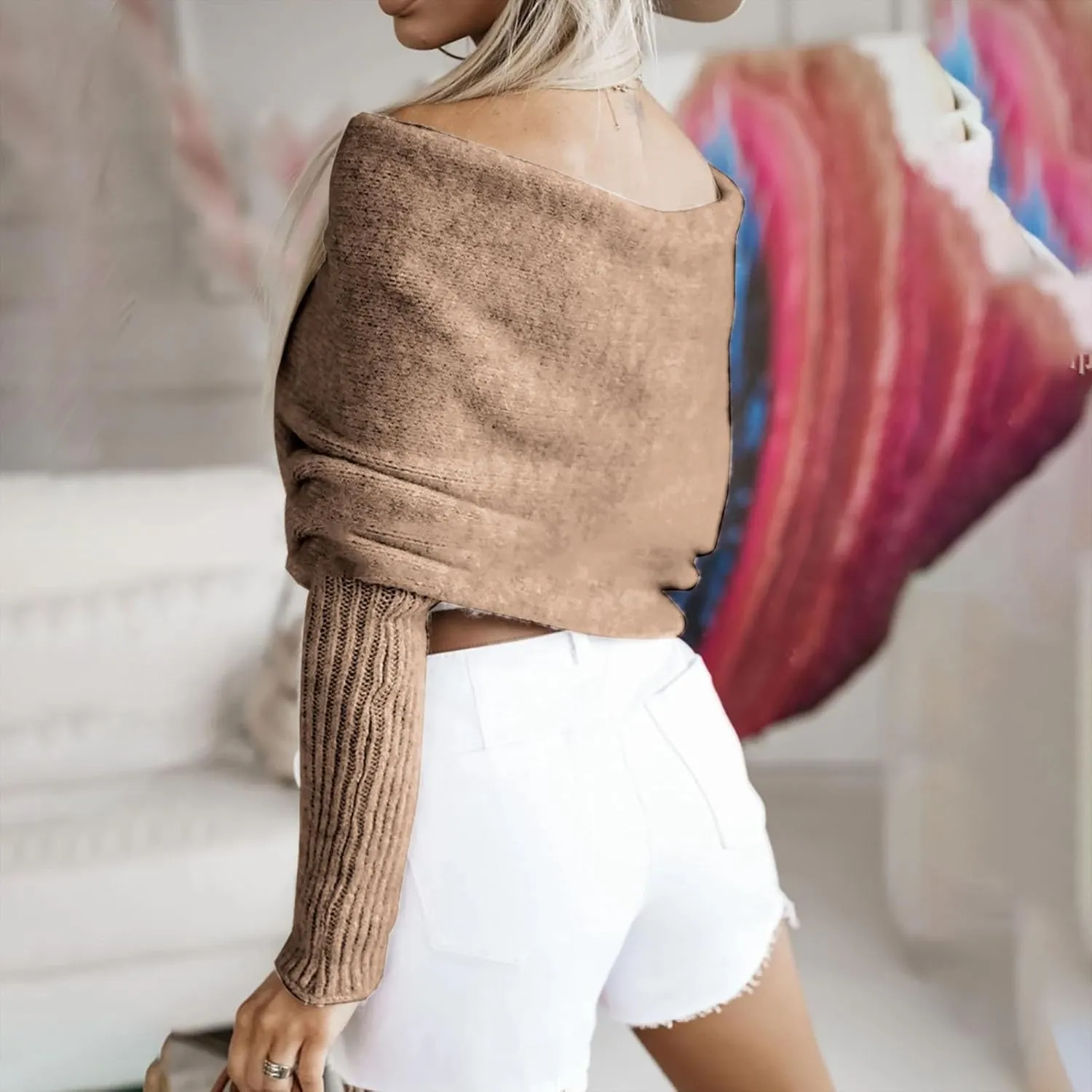 HGps8w Elegant Off The Shoulder Sweaters for Women Wrap V Neck Cropped Shawl Long Sleeve Cross Front Knitted Pullover Tops