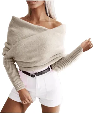 HGps8w Elegant Off The Shoulder Sweaters for Women Wrap V Neck Cropped Shawl Long Sleeve Cross Front Knitted Pullover Tops