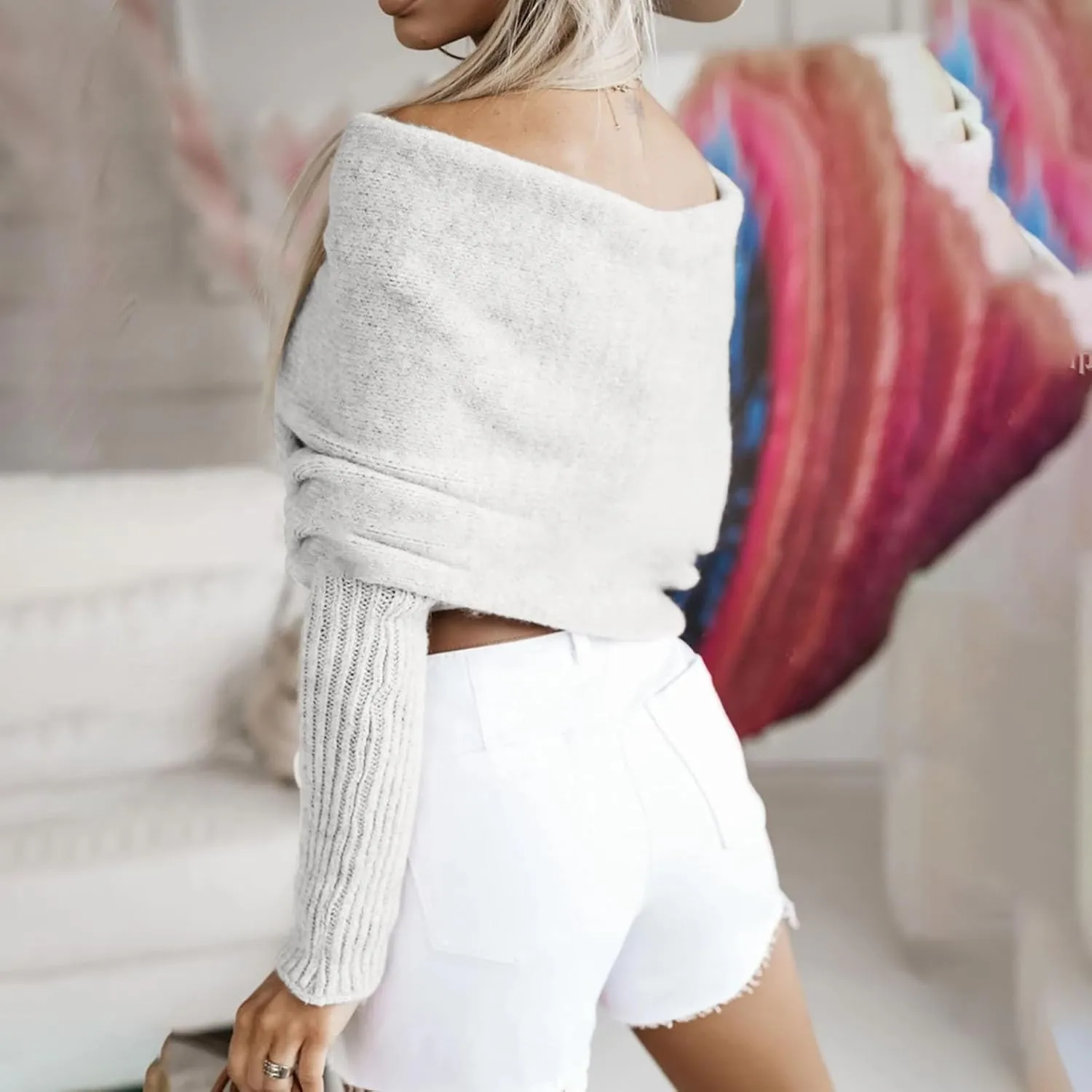 HGps8w Elegant Off The Shoulder Sweaters for Women Wrap V Neck Cropped Shawl Long Sleeve Cross Front Knitted Pullover Tops