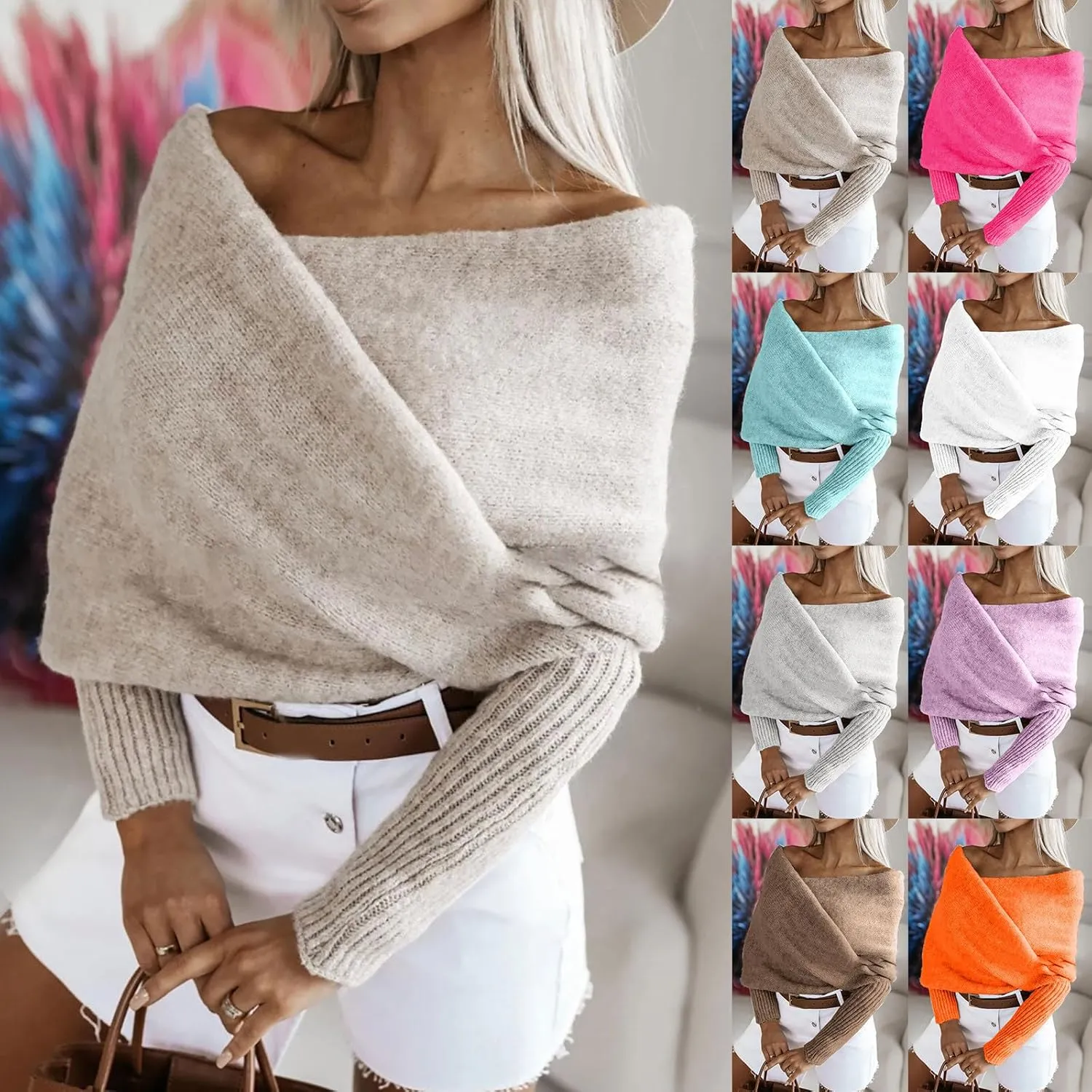 HGps8w Elegant Off The Shoulder Sweaters for Women Wrap V Neck Cropped Shawl Long Sleeve Cross Front Knitted Pullover Tops