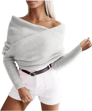 HGps8w Elegant Off The Shoulder Sweaters for Women Wrap V Neck Cropped Shawl Long Sleeve Cross Front Knitted Pullover Tops