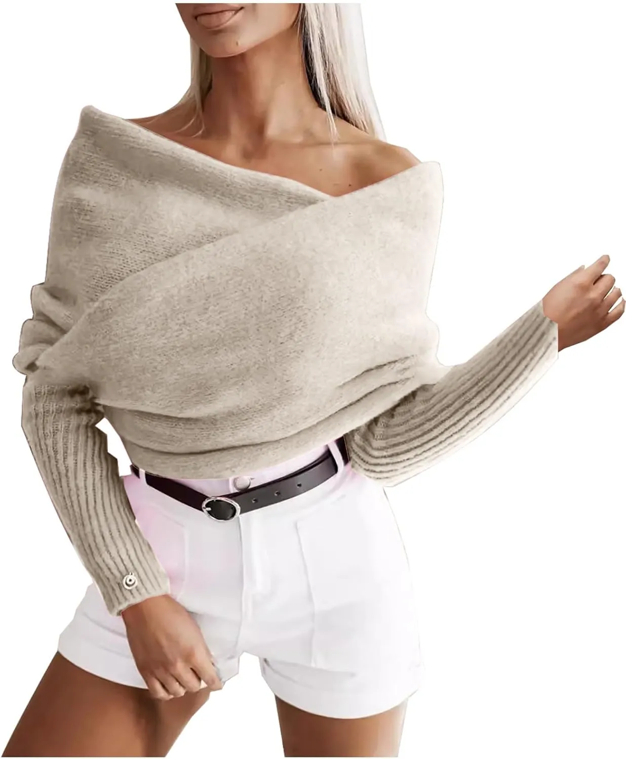 HGps8w Elegant Off The Shoulder Sweaters for Women Wrap V Neck Cropped Shawl Long Sleeve Cross Front Knitted Pullover Tops