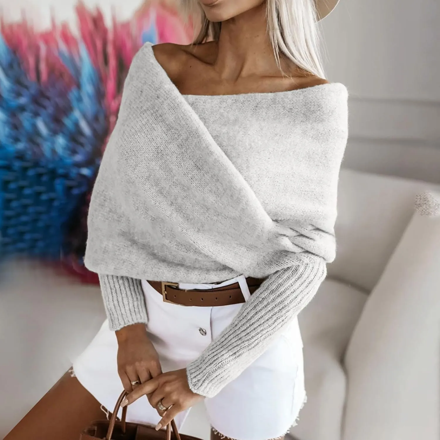 HGps8w Elegant Off The Shoulder Sweaters for Women Wrap V Neck Cropped Shawl Long Sleeve Cross Front Knitted Pullover Tops