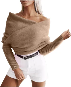 HGps8w Elegant Off The Shoulder Sweaters for Women Wrap V Neck Cropped Shawl Long Sleeve Cross Front Knitted Pullover Tops
